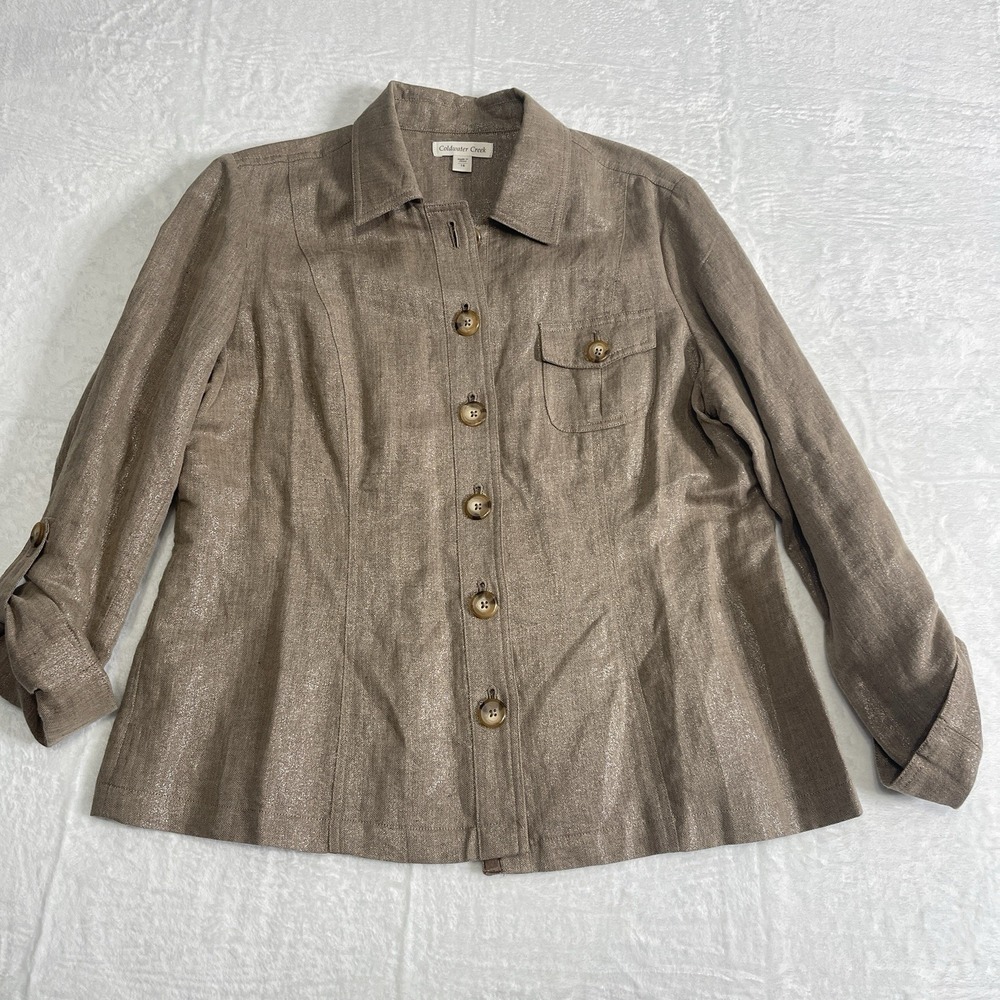 Coldwater Creek Gold Silver Thread Shirt JACKET BLOUSE Linen Cotton Blend SZ 16